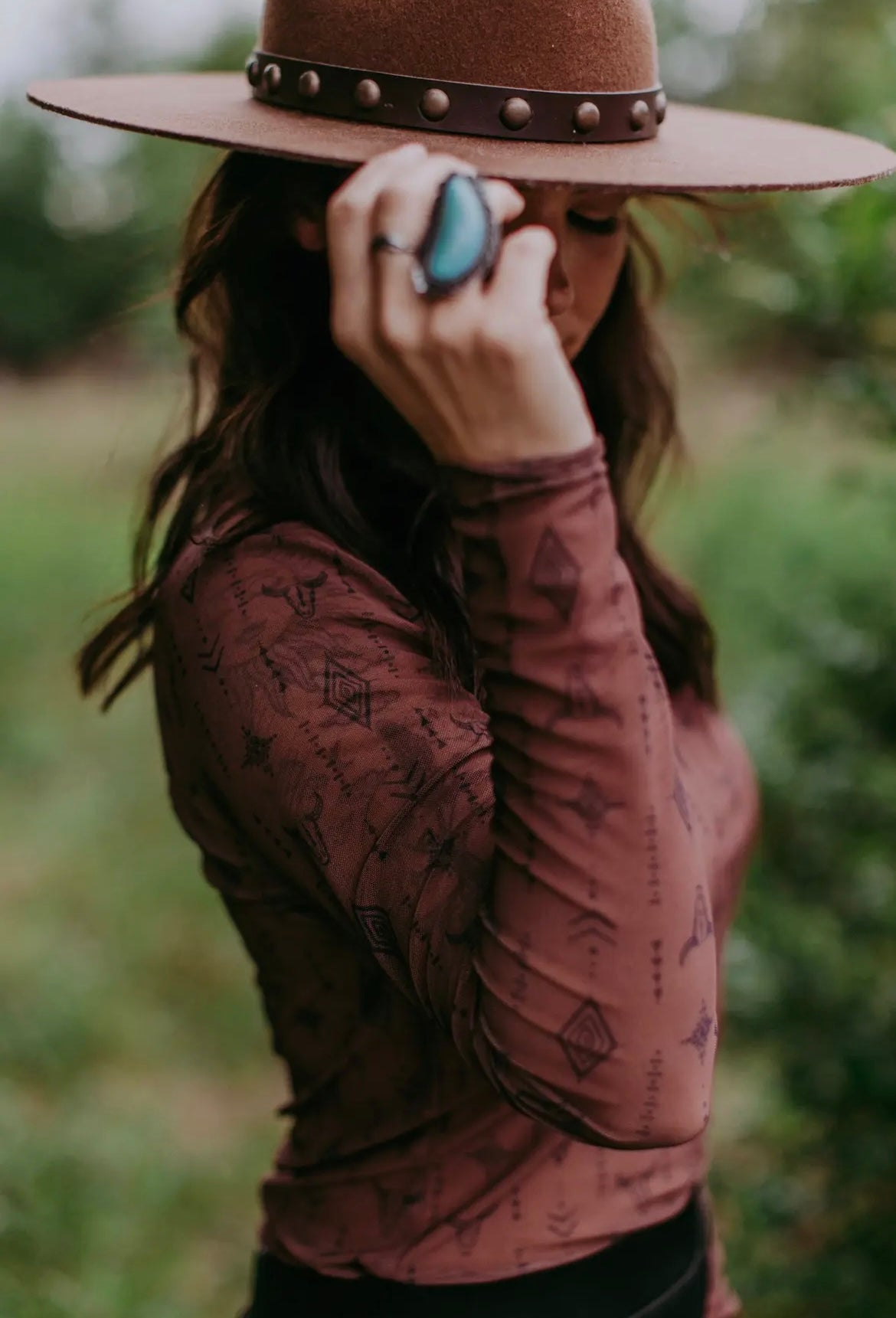 Brown Cow Aztec Mesh Top