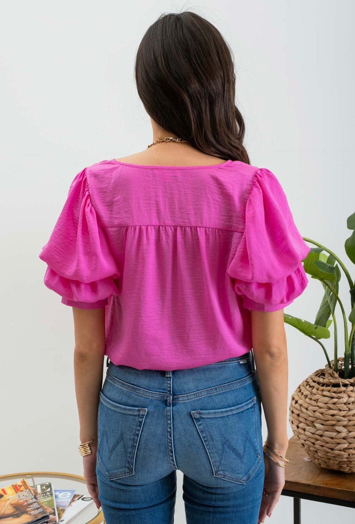 Pink Spring Bubble Sleeve Top
