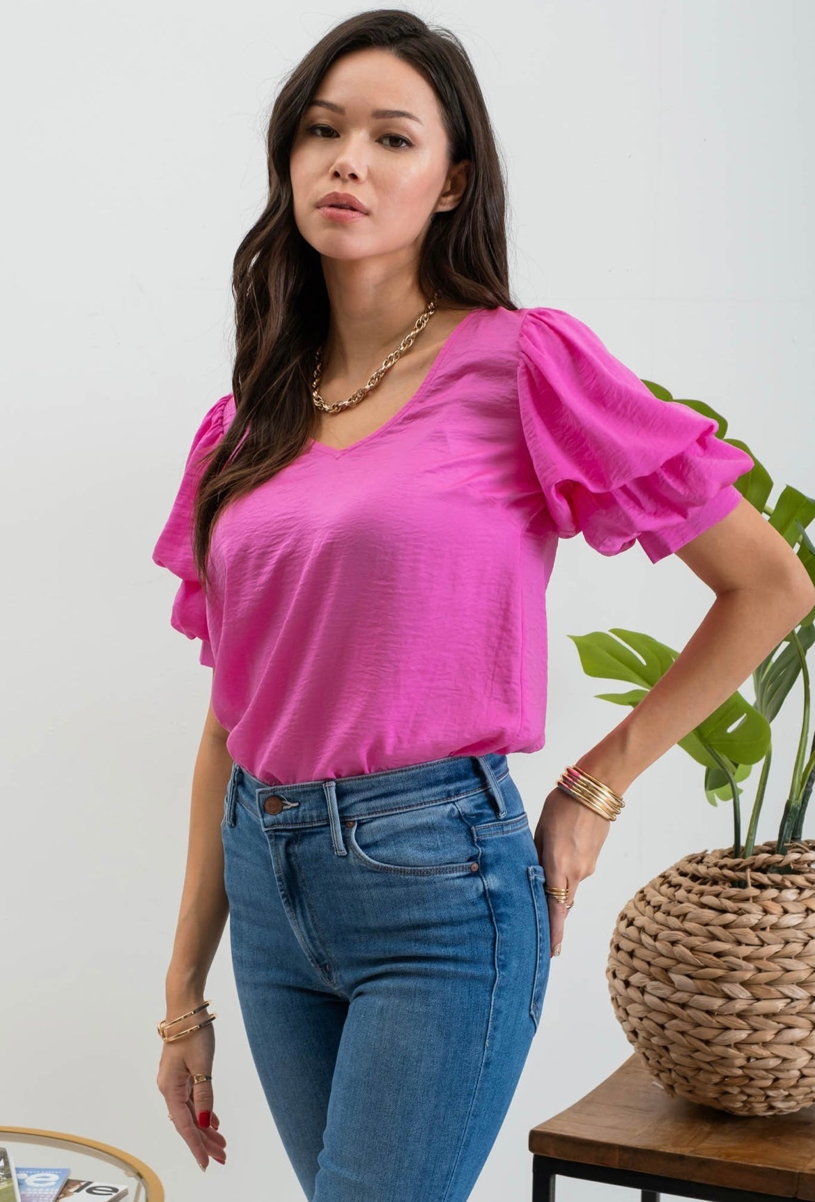 Pink Spring Bubble Sleeve Top
