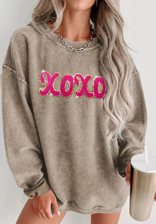 XOXO Chenille Glitter Patched Corded Sweater