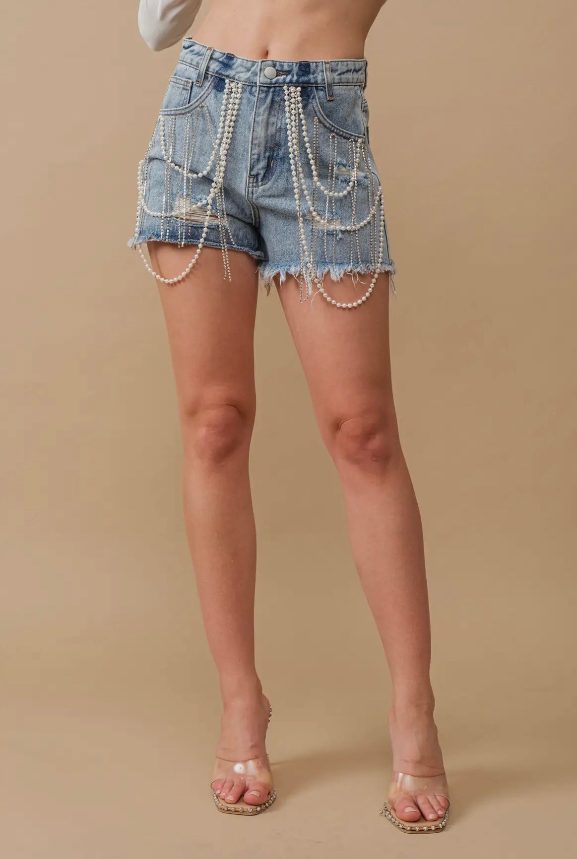 Rhinestone & Pearl Denim Shorts